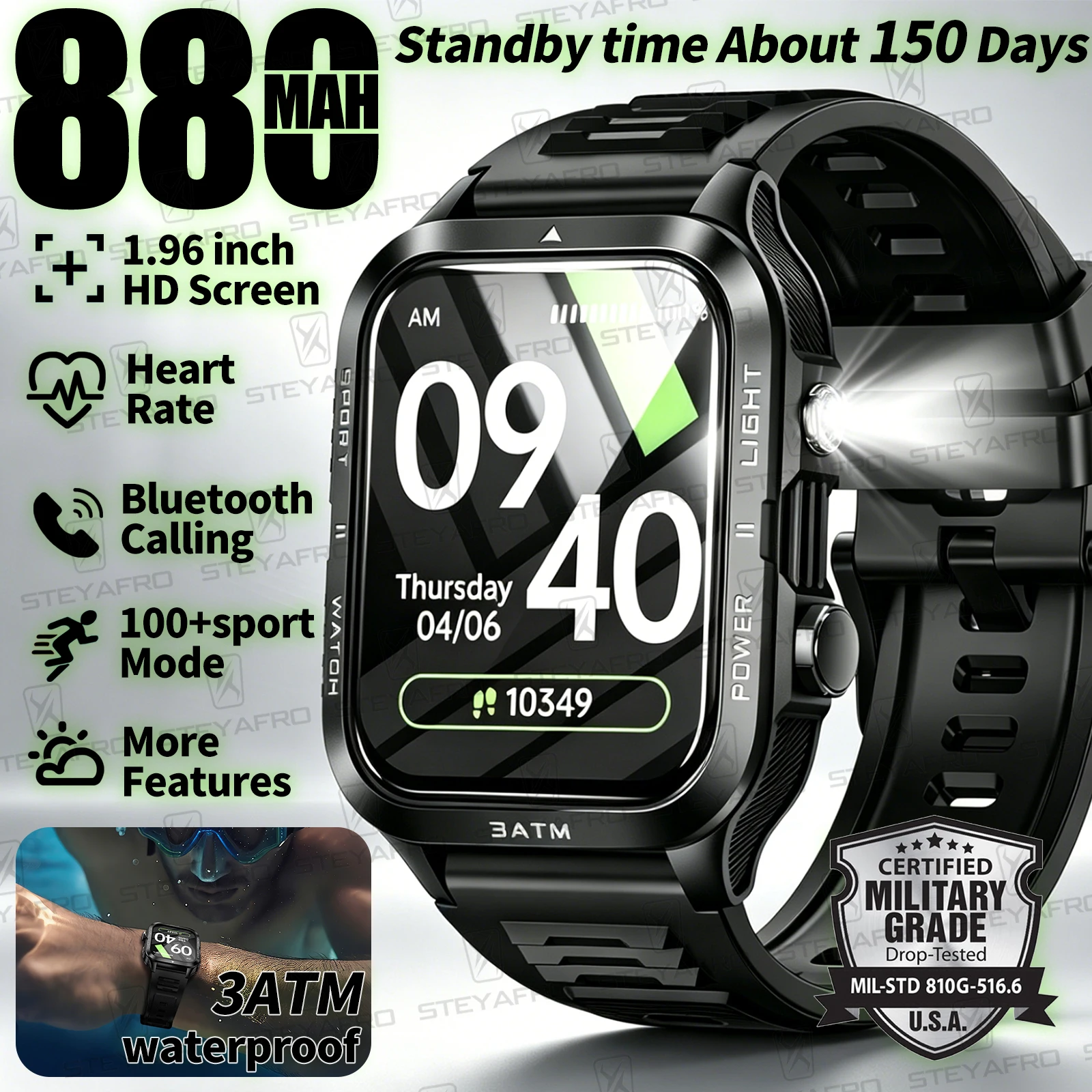 Smartwatch Military Watches For Men - Военные смарт-часы для мужчин с LED-фонариком,